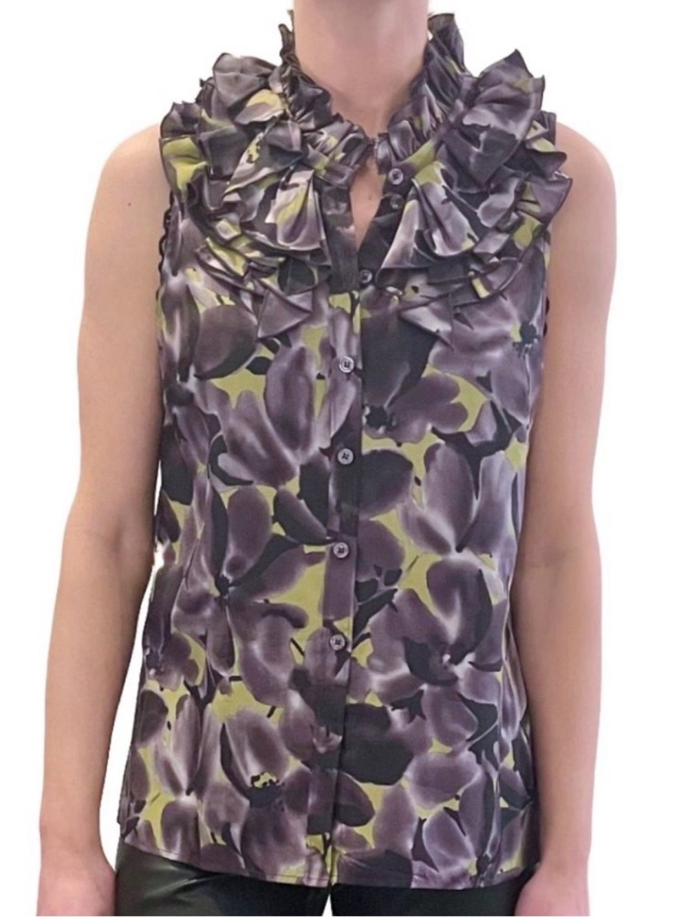 J.CREW 100% SILK RUFFLE NECKLINE PURPLE MULTI COLOR BLOUSE